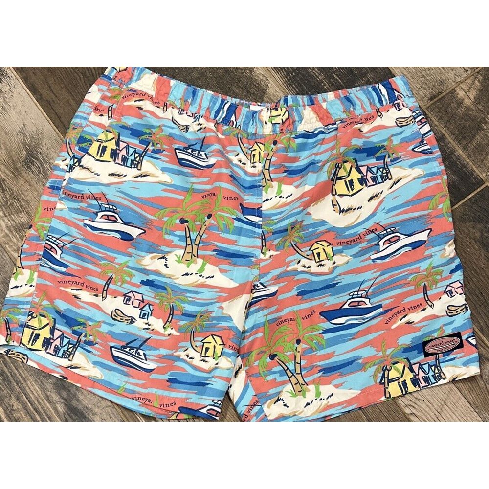 Vineyard Vines Swim Trunks Shorts Lined Stretch Waist Palm Trees Boats Mens L 38